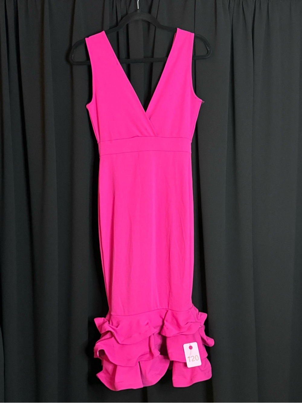 Hot Pink V-Neck Ruffle Hem Prom Dress